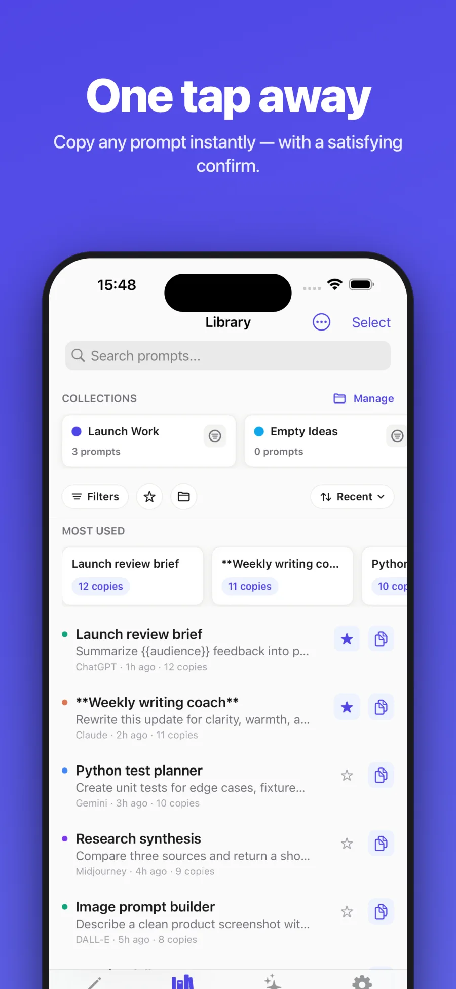 PromptStore searchable prompt library on iPhone