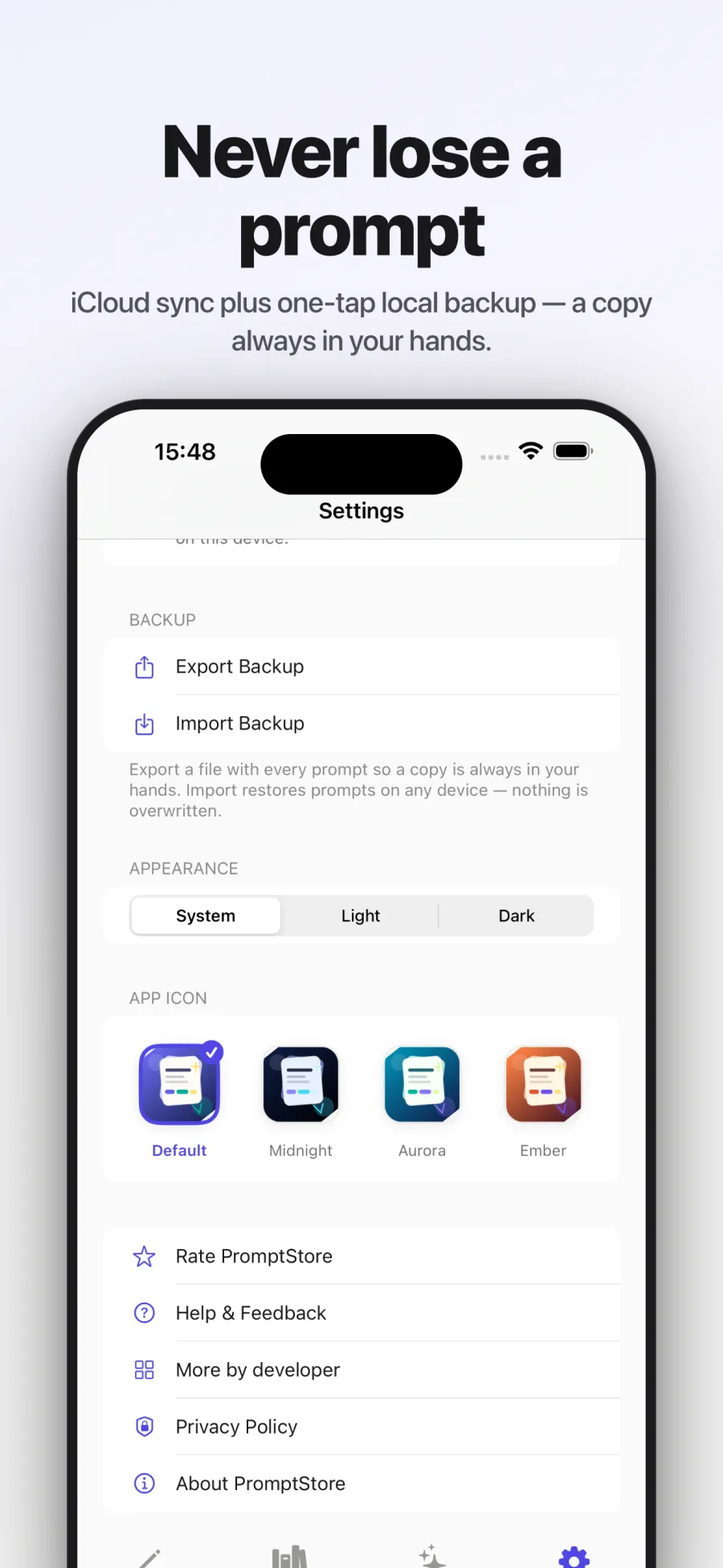 PromptStore portable backup screen on iPhone