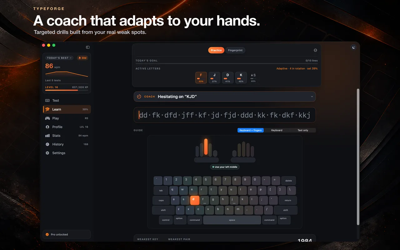 TypeForge adaptive typing coach on macOS
