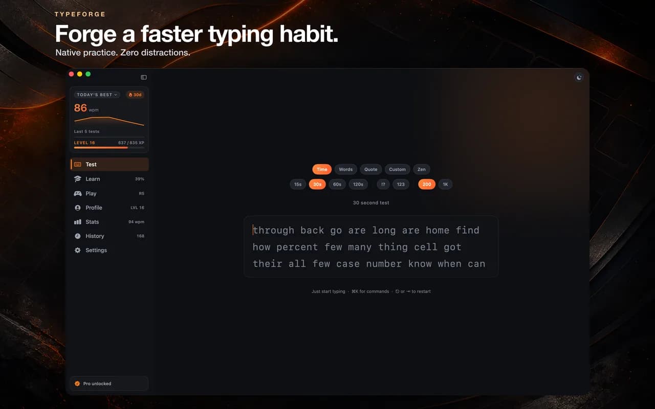 TypeForge native macOS timed typing practice